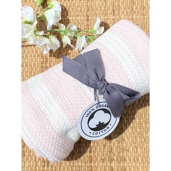 Baby Blanket in 100% Organic Cotton in Baby Pink/White