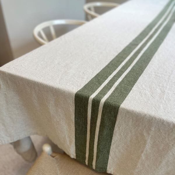 Linen Tablecloth in Natural W/ Olive Stripe - 150x350cm