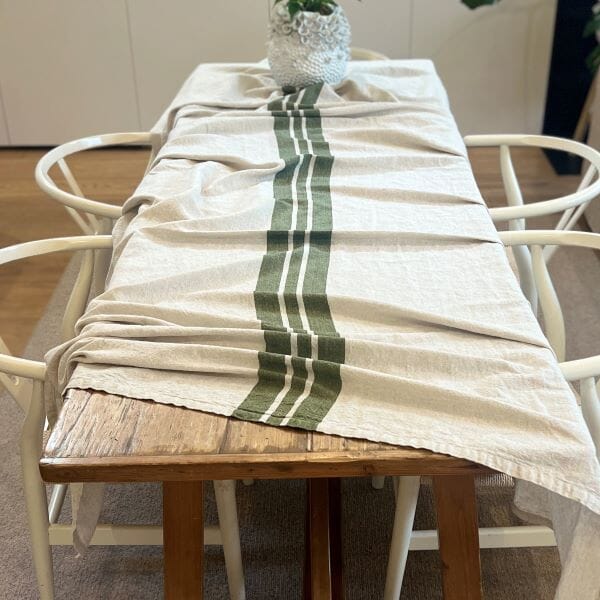 Linen Tablecloth in Natural W/ Olive Stripe - 150x350cm