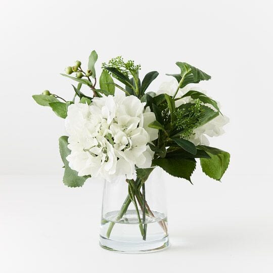 Hydrangea Artificial Bunch In Glass Vase 33cm