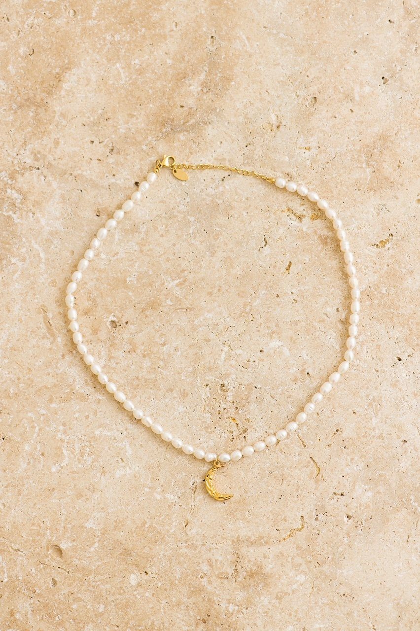 Indigo & Wolfe - Luna Pearl Necklace W/ Gold Moon Pendant