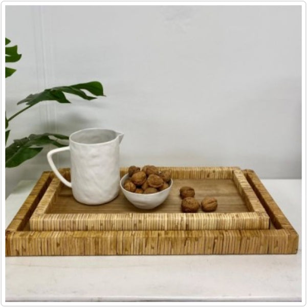 Dewi Rectangular Wood + Rattan Breakfast Tray - Large