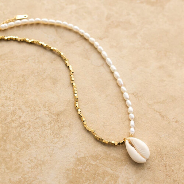 Indigo & Wolfe - Moana Gold & Pearl Necklace W/ Cowrie Shell Pendant