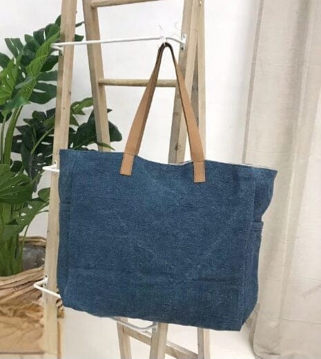 Market Canvas Bag in Blue W/ Tan Leather Handles
