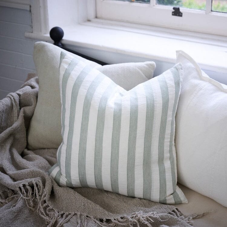 Santi Linen Cushion in White/Pistachio Stripe - 60x60cm