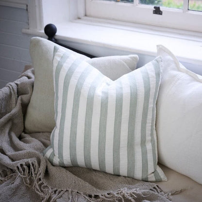 Santi Linen Cushion in White/Pistachio Stripe - 60x60cm