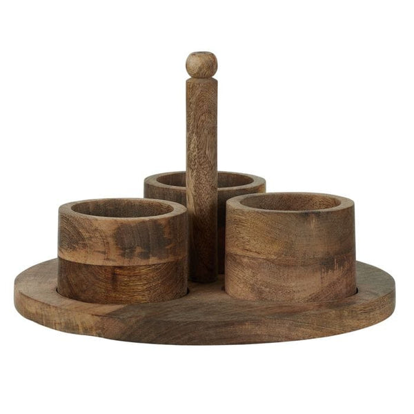 Azara Set of 3, Wood Bowls on Round Tray