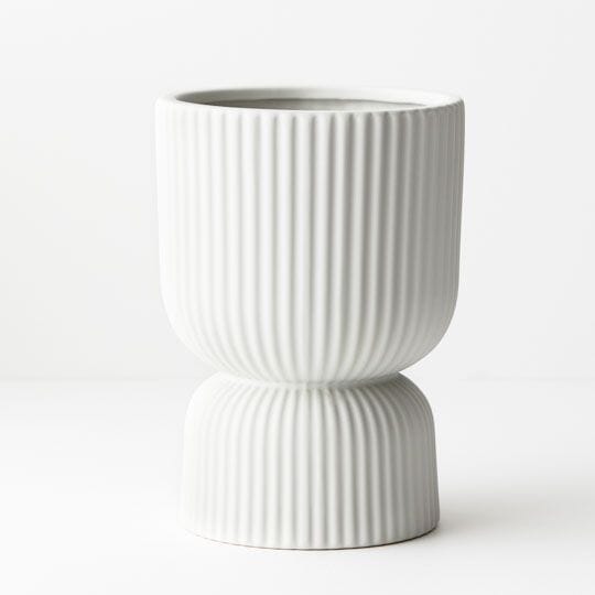 Gia Ribbed Ceramic Pedestal Pot in White 20cm