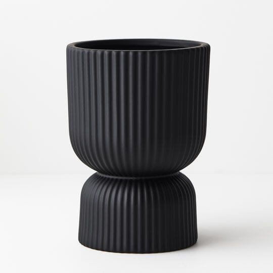 Gia Ribbed Ceramic Pedestal Pot in Black 20cm