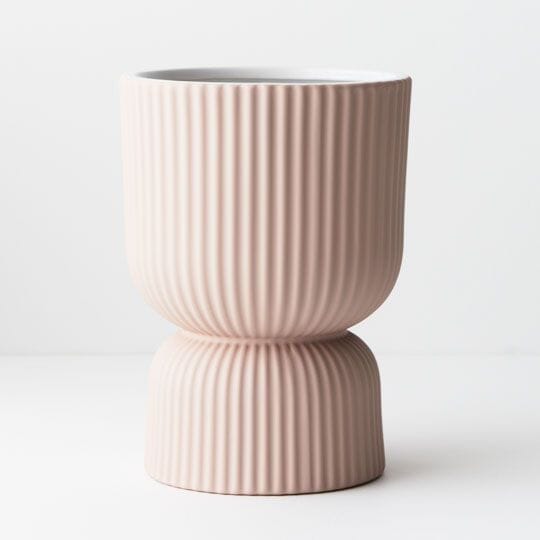 Gia Ribbed Ceramic Pedestal Pot in Soft Pink 20cm