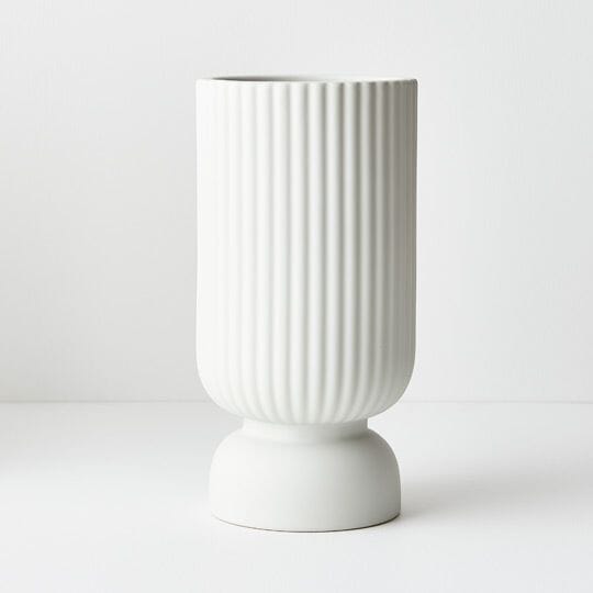 Gia Ribbed Pedestal Vase in White 30cm