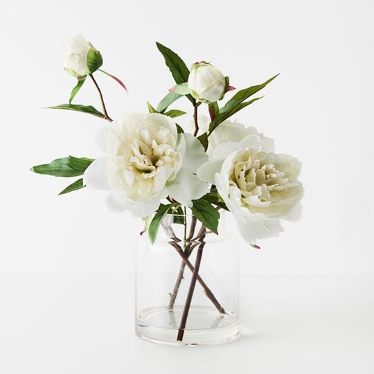 Peony White Artificial Mix in Glass Vase 31cm