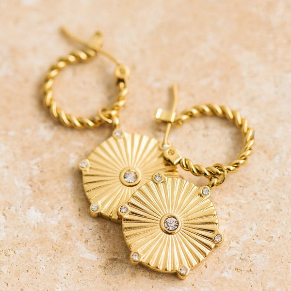 Indigo & Wolfe - Olivia Gold Medallion Earrings W/ Clear Stone