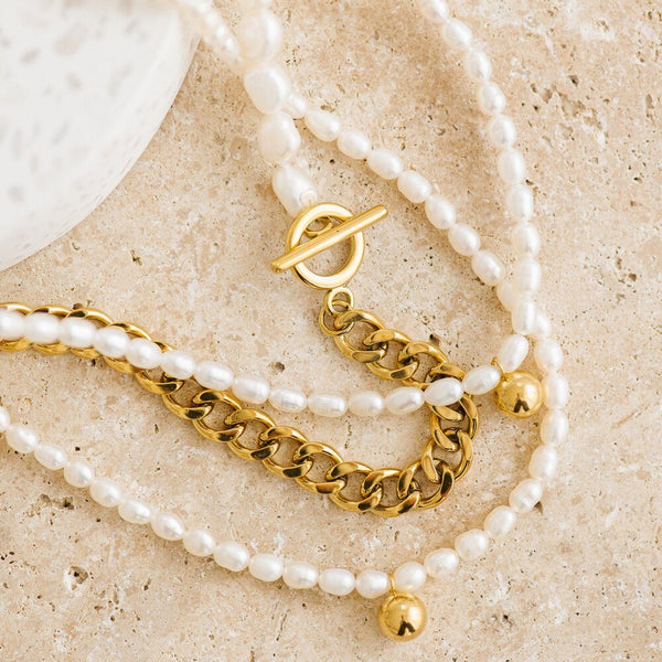 Indigo & Wolfe - Petite Pearl Necklace W/ Gold Ball Pendant