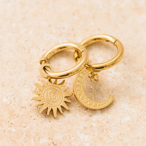 Indigo & Wolfe - Sole Gold Earrings W/ Sun & Moon Pendants