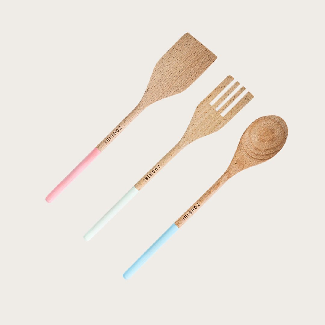 Azibo 3 Piece Beechwood  Utensils in Pastel