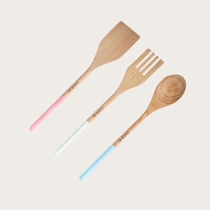 Azibo 3 Piece Beechwood  Utensils in Pastel