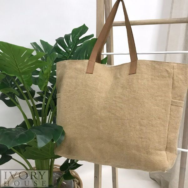 Market Bag in Canvas W Leather Handles in Natural