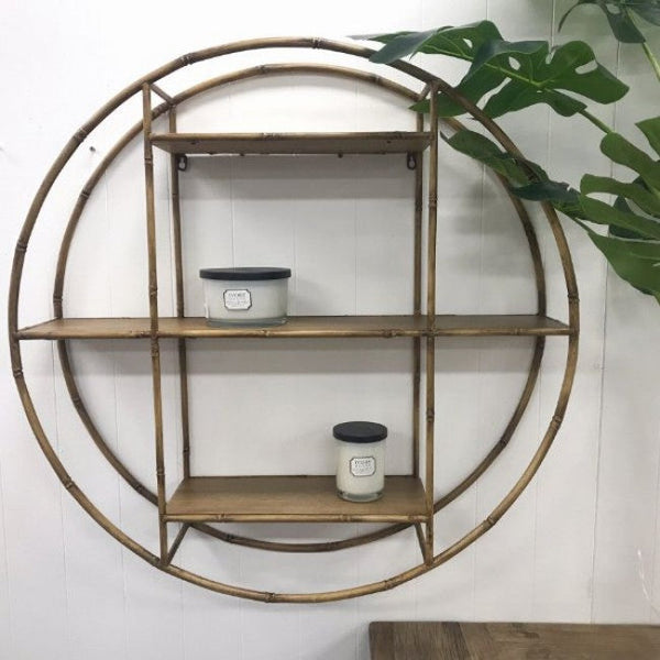 Calla Round Metal Wall Shelf in Bamboo Finish