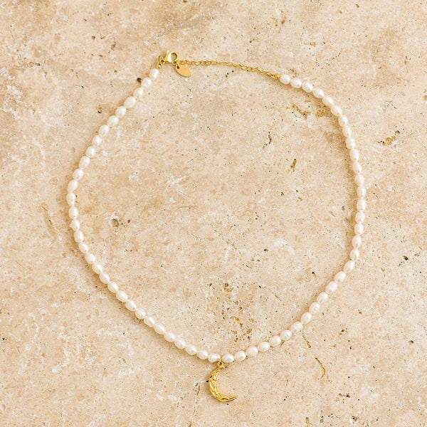 Indigo & Wolfe - Luna Pearl Necklace W/ Gold Moon Pendant