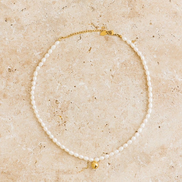 Indigo & Wolfe - Petite Pearl Necklace W/ Gold Ball Pendant