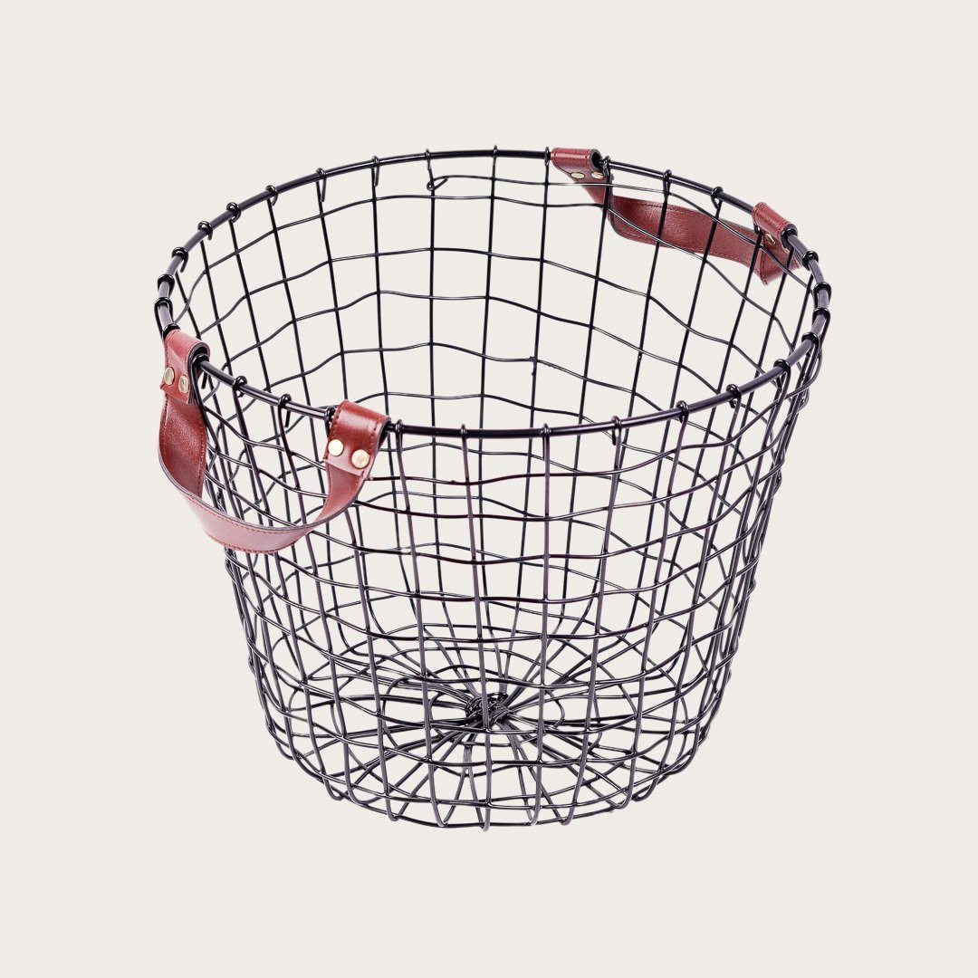 Wire &amp; Faux Leather Storage Basket in Black 29cm