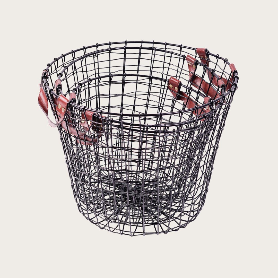 Wire &amp; Faux Leather Storage Basket in Black 29cm
