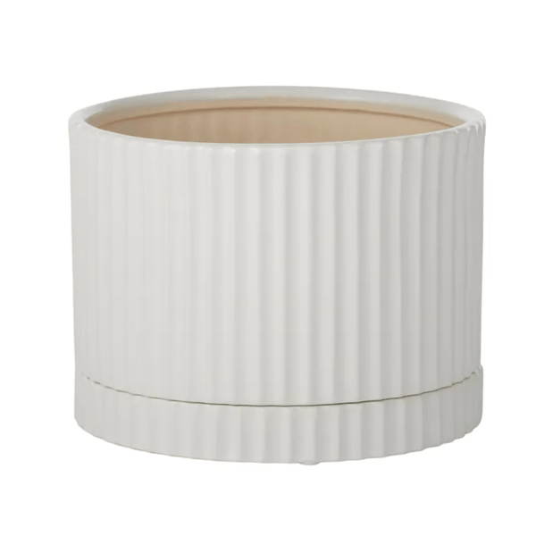 Mariana Ribbed Ceramic Pot W/ Saucer in White