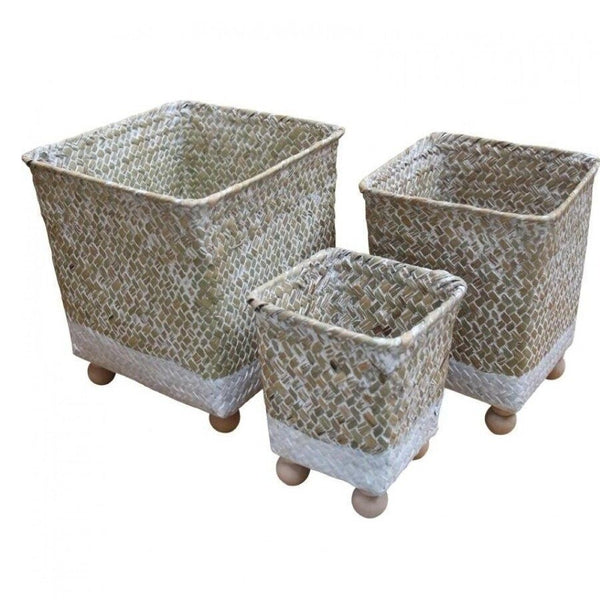 Small Woven Footed Planter in Natural/White