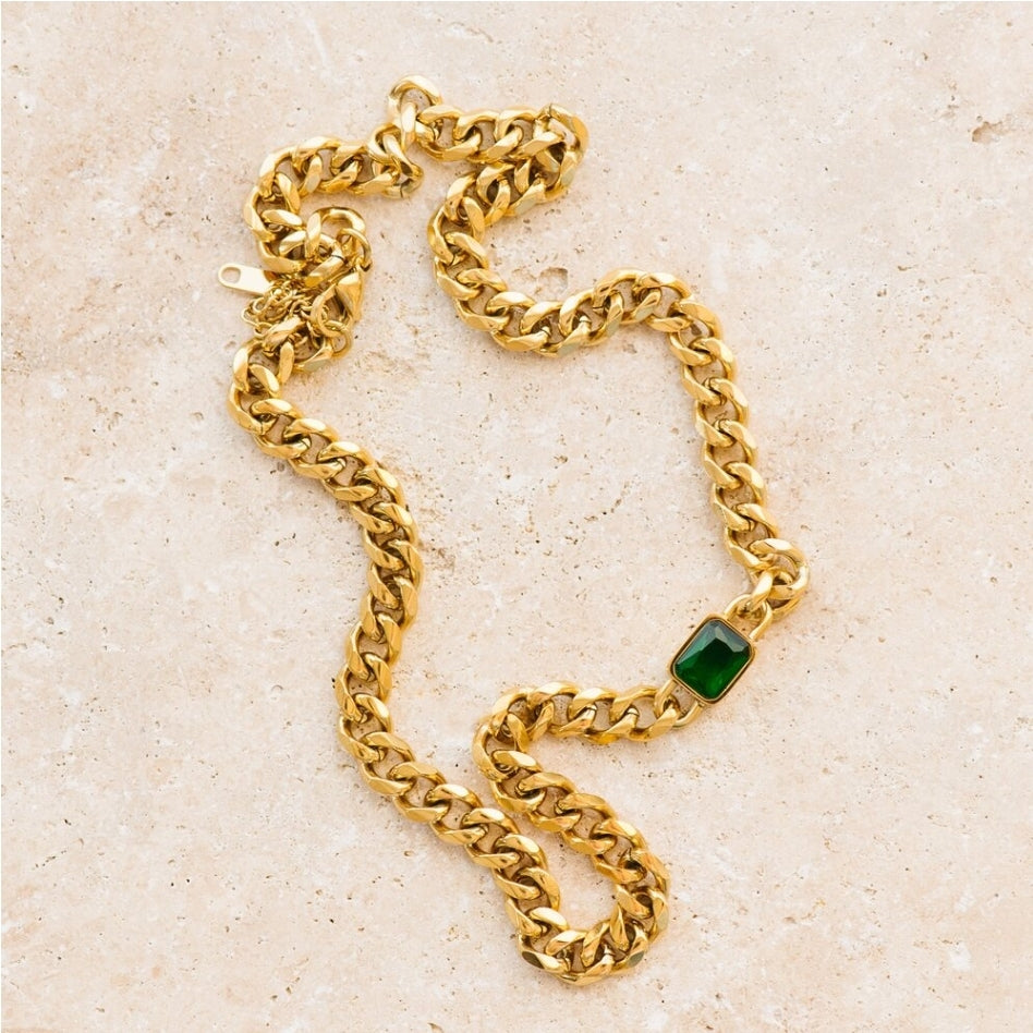 Indigo &amp; Wolfe - Imani Thick Gold Chain Necklace W/ Emerald Stone