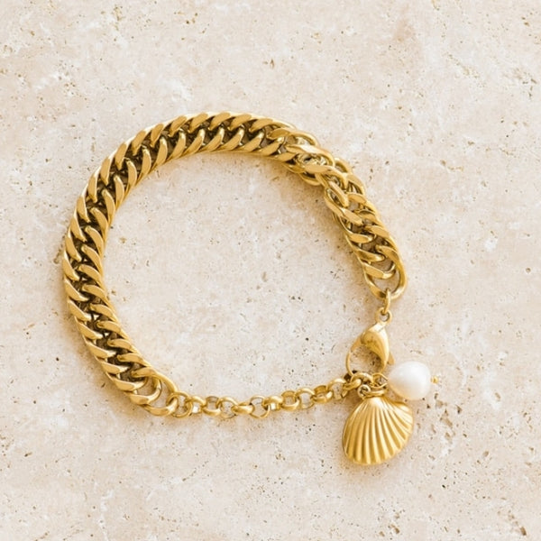 Indigo & Wolfe - Ocean Chunky Gold Bracelet W/ Shell & Pearl Pendant