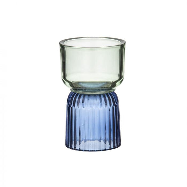 Fleur Ribbed Glass Candle Holder in Blue/Light Green